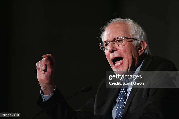 Democratic presidential candidate Senator Bernie Sanders speaks to guests at the Iowa Democratic Party's Hall of Fame Dinner on July 17, 2015 in...