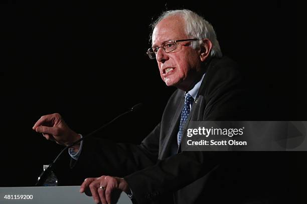 Democratic presidential candidate Senator Bernie Sanders speaks to guests at the Iowa Democratic Party's Hall of Fame Dinner on July 17, 2015 in...