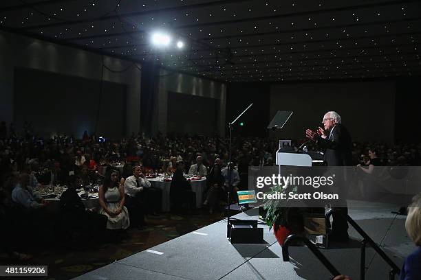 Democratic presidential candidate Senator Bernie Sanders speaks to guests at the Iowa Democratic Party's Hall of Fame Dinner on July 17, 2015 in...