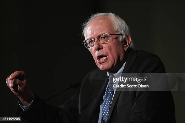 Democratic presidential candidate Senator Bernie Sanders speaks to guests at the Iowa Democratic Party's Hall of Fame Dinner on July 17, 2015 in...