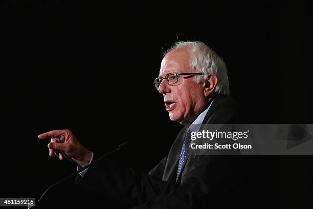 Democratic presidential candidate Senator Bernie Sanders speaks to guests at the Iowa Democratic Party's Hall of Fame Dinner on July 17, 2015 in...