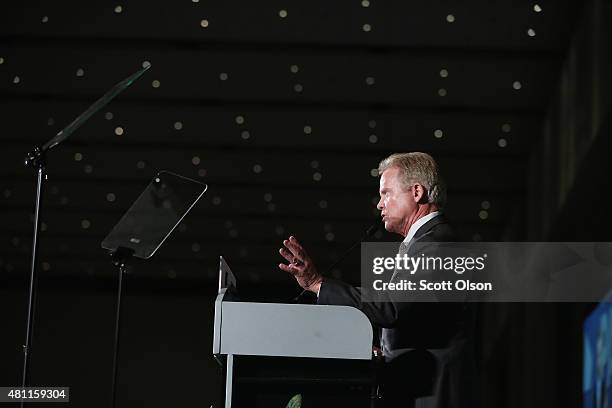 Democratic presidential candidate and former Virginia Senator Jim Webb speaks to guests at the Iowa Democratic Party's Hall of Fame Dinner on July...