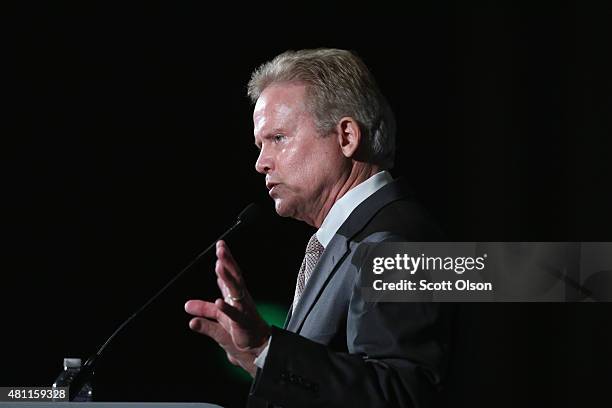 Democratic presidential candidate and former Virginia Senator Jim Webb speaks to guests at the Iowa Democratic Party's Hall of Fame Dinner on July...