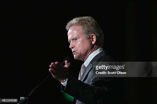 Democratic presidential candidate and former Virginia Senator Jim Webb speaks to guests at the Iowa Democratic Party's Hall of Fame Dinner on July...