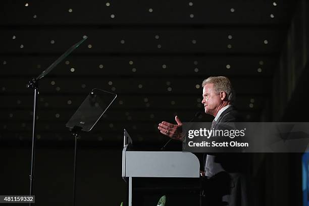 Democratic presidential candidate and former Virginia Senator Jim Webb speaks to guests at the Iowa Democratic Party's Hall of Fame Dinner on July...