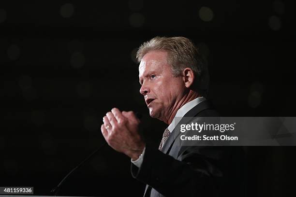 Democratic presidential candidate and former Virginia Senator Jim Webb speaks to guests at the Iowa Democratic Party's Hall of Fame Dinner on July...