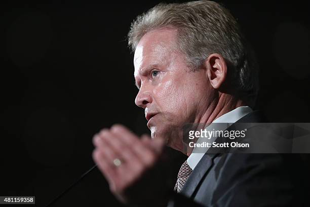 Democratic presidential candidate and former Virginia Senator Jim Webb speaks to guests at the Iowa Democratic Party's Hall of Fame Dinner on July...