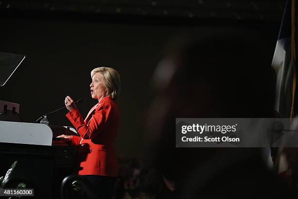 Democratic presidential candidate and former Secretary of State Hillary Clinton speaks to guests at the Iowa Democratic Party's Hall of Fame Dinner...