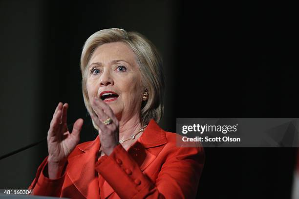 Democratic presidential candidate and former Secretary of State Hillary Clinton speaks to guests at the Iowa Democratic Party's Hall of Fame Dinner...