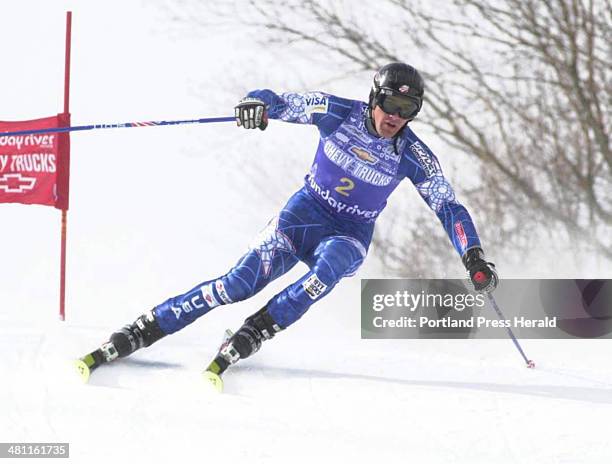 Jake Zamansky, carves a turn in the first run of the giant slalom in the Men's Chevy Truck Super NorAm Seris Cup race at Sunday River ski area...