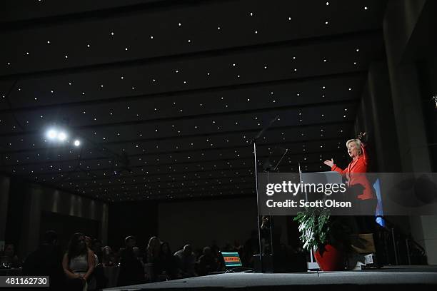 Democratic presidential candidate and former Secretary of State Hillary Clinton speaks to guests at the Iowa Democratic Party's Hall of Fame Dinner...