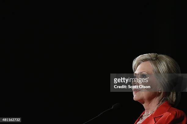 Democratic presidential candidate and former Secretary of State Hillary Clinton speaks to guests at the Iowa Democratic Party's Hall of Fame Dinner...