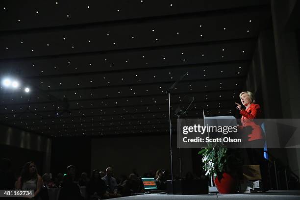 Democratic presidential candidate and former Secretary of State Hillary Clinton speaks to guests at the Iowa Democratic Party's Hall of Fame Dinner...