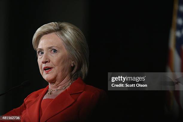 Democratic presidential candidate and former Secretary of State Hillary Clinton speaks to guests at the Iowa Democratic Party's Hall of Fame Dinner...