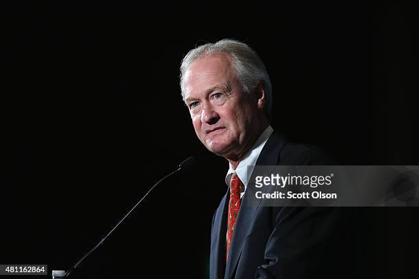 Democratic presidential candidate and former governor of Rhode Island Lincoln Chafee speaks to guests at the Iowa Democratic Party's Hall of Fame...