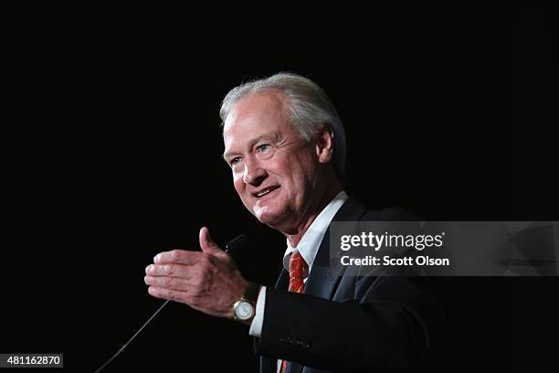 Democratic presidential candidate and former governor of Rhode Island Lincoln Chafee speaks to guests at the Iowa Democratic Party's Hall of Fame...