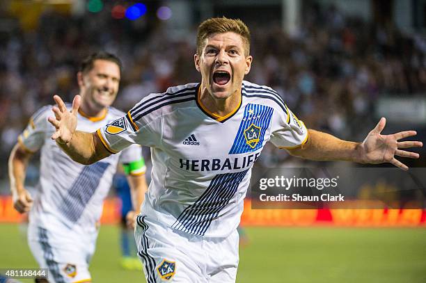 Steven Gerrard of Los Angeles Galaxy celebrates his first goal for the Los Angeles Galaxy during Los Angeles Galaxy's MLS match against San Jose...