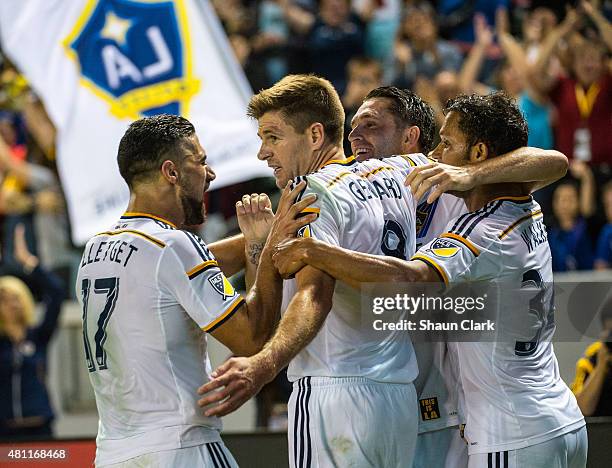 Steven Gerrard of Los Angeles Galaxy celebrates his first goal for the Los Angeles Galaxy during Los Angeles Galaxy's MLS match against San Jose...