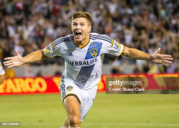 Steven Gerrard of Los Angeles Galaxy celebrates his first goal for the Los Angeles Galaxy during Los Angeles Galaxy's MLS match against San Jose...
