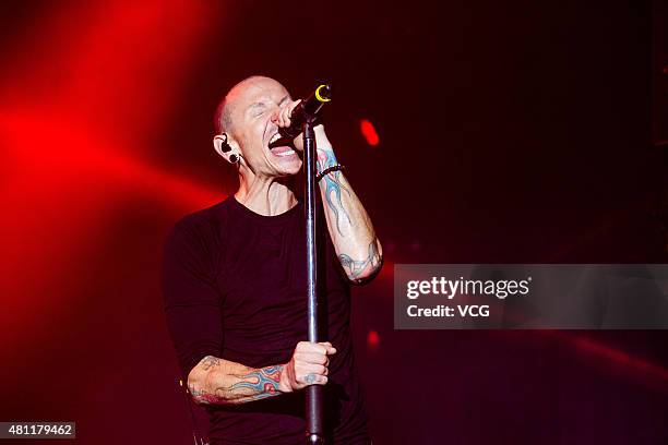 Chester Bennington of Linkin Park performs on the stage during The Hunting Party - 2015 China Tour Station Nanjing Station at Nanjing Olympic Sports...