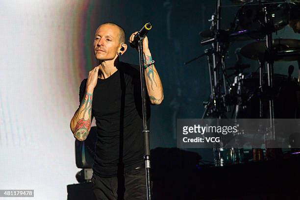Chester Bennington of Linkin Park performs on the stage during The Hunting Party - 2015 China Tour Station Nanjing Station at Nanjing Olympic Sports...