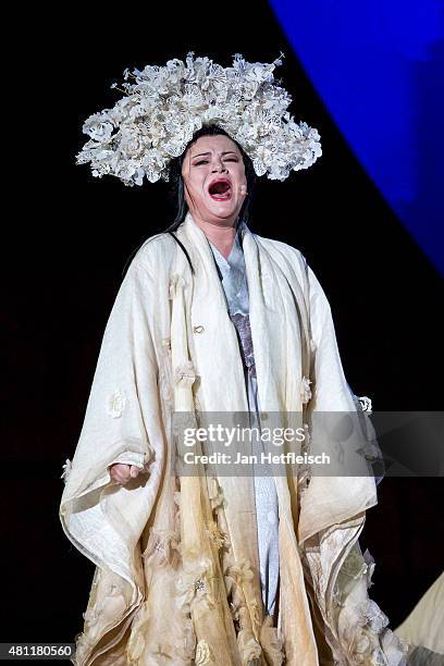 An actor performs on the stage during rehearsal for the opera 'Turandot' prior the Bregenz Festival on July 17, 2015 in Bregenz, Austria.