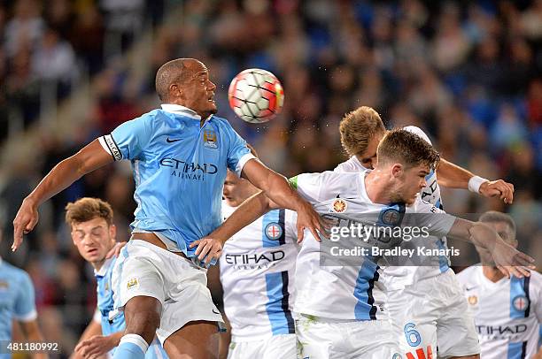 Vincent Kompany of Manchester City competes for the ball during the international friendly match between Melbourne City and Manchester City at Cbus...