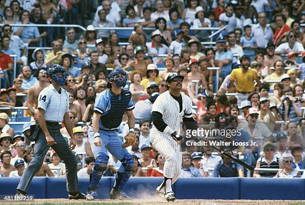 New York Yankees Reggie Jackson in action, at bat vs Kansas City Royals at Yankee Stadium. Bronx, NY 7/18/1980 CREDIT: Walter Iooss Jr.