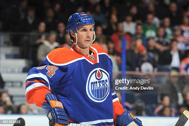Ryan Smyth of the Edmonton Oilers skates on the ice in a game against the Nashville Predators on March 18, 2014 at Rexall Place in Edmonton, Alberta,...