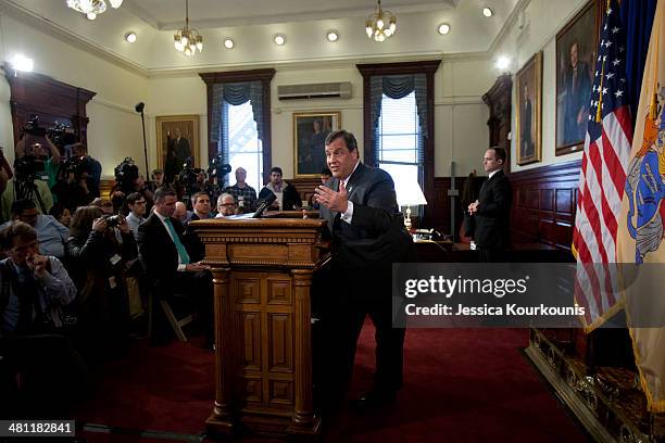 New Jersey Governor Chris Christie holds a news conference on March 28, 2014 at New Jersey State House in Trenton. This press conference, his first...