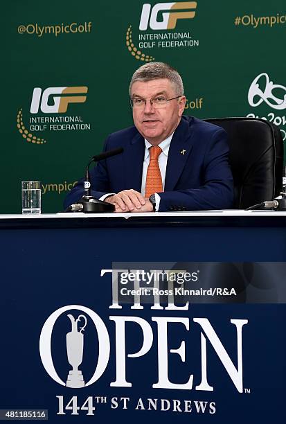 Thomas Bach, president of the International Olympic Committee, speaks about golf at Rio 2016 during a news conference during the second round of the...