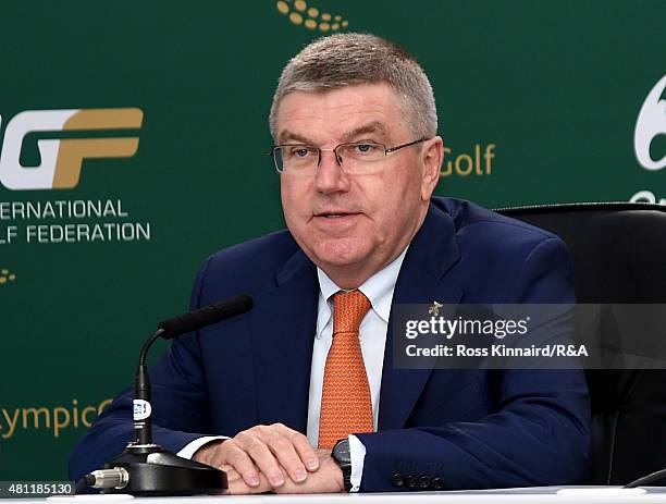 Thomas Bach, president of the International Olympic Committee, speaks about golf at Rio 2016 during a news conference during the second round of the...