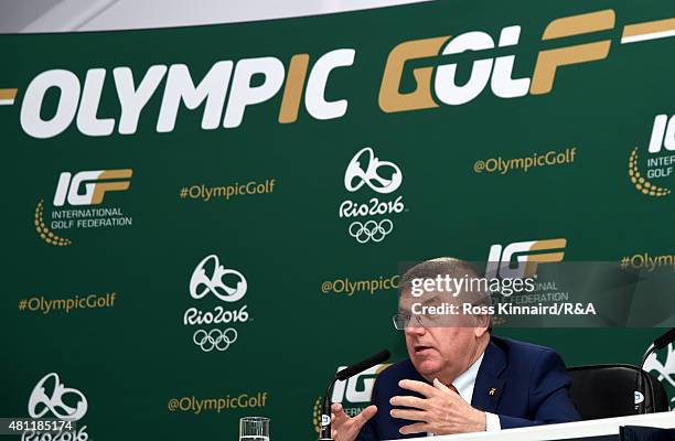 Thomas Bach, president of the International Olympic Committee, speaks about golf at Rio 2016 during a news conference during the second round of the...