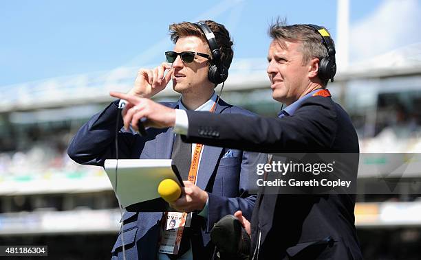 Radio One DJ Greg James with former cricketer Graeme Swann ahead of day three of the 2nd Investec Ashes Test match between England and Australia at...