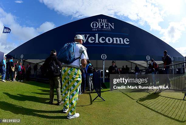 Spectators queue at one of the course entrances during the second round of the 144th Open Championship at The Old Course on July 18, 2015 in St...