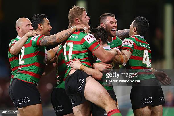 Ben Lowe, John Sutton,Tom Burgess, Luke Keary, Tim Grant and Bryson Goodwin of the Rabbitohs celebarte after Luke Keary scored a try during the round...