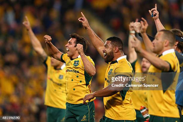 Nick Phipps of the Wallabies and Scott Sio of the Wallabies celebrate winning the Rugby Championship match between the Australian Wallabies and the...