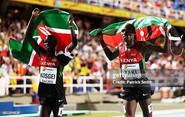 Kumari Taki and Lawi Kosgei of Kenya celebrates after the Boys 1500 Meters Final on day three of the IAAF World Youth Championships, Cali 2015 on...