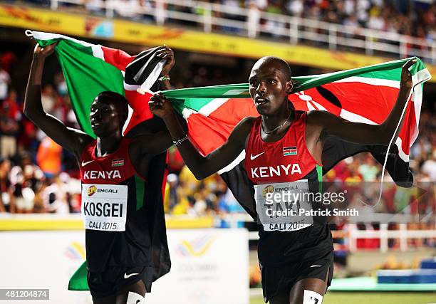 Kumari Taki and Lawi Kosgei of Kenya celebrates after the Boys 1500 Meters Final on day three of the IAAF World Youth Championships, Cali 2015 on...