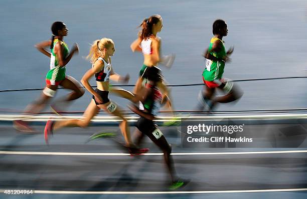 Glynis Sim of Canada and others in action during the Girls 2000 Meters Steeplechase final on day three of the IAAF World Youth Championships, Cali...