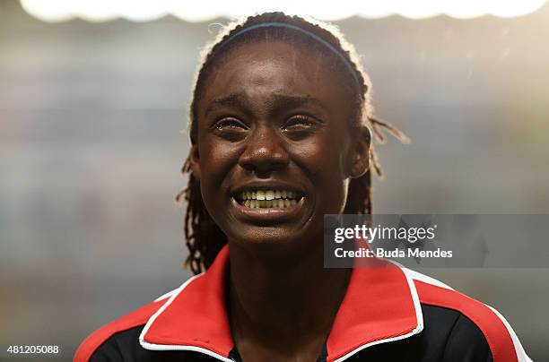 Lynna Irby of the USA, silver medal, celebrates on the podium after the Girls 400 Meters Final on day three of the IAAF World Youth Championships,...