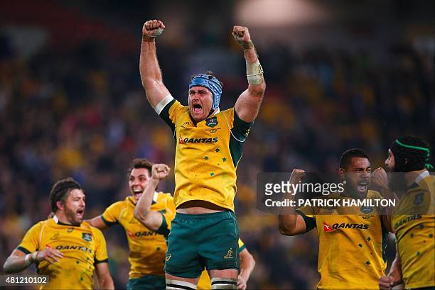 Australian rugby player James Horwill celebrates victory after the Rugby Championship Test match between Australia and South Africa at Suncorp...