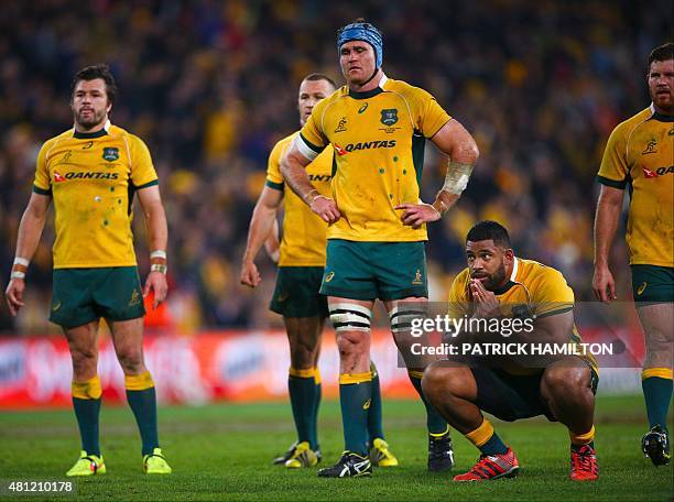 Tatafu Polota-Nau of Australia waits for the video referee's decision following a try on full time during the Rugby Championship Test match between...