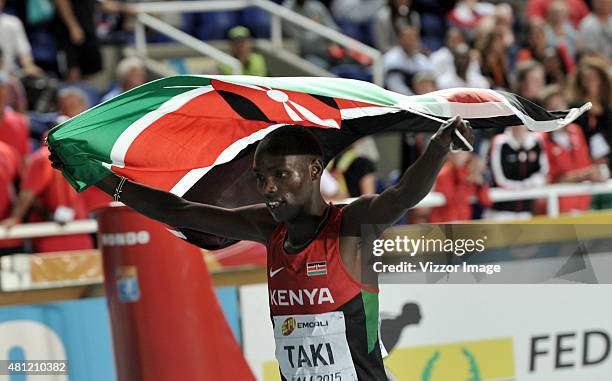 Kumari Taki of Kenya celebrates after winning the Boys 1500 Meters Final on day three of the IAAF World Youth Championships, Cali 2015 on July 17,...