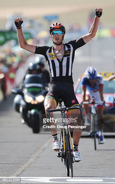 Stephen Cummings of Great Britain and MTN-Qhubeka celebrates winning stage 14 during the 2014 Tour de France, a 187.5km stage from Rodez to Mende, on...