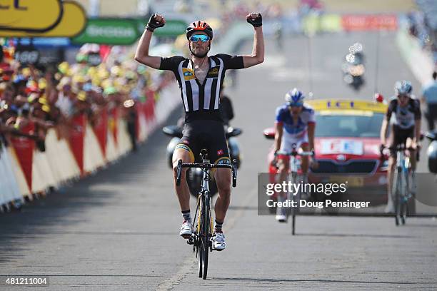 Stephen Cummings of Great Britain and MTN-Qhubeka celebrates winning stage 14 during the 2014 Tour de France, a 187.5km stage from Rodez to Mende, on...