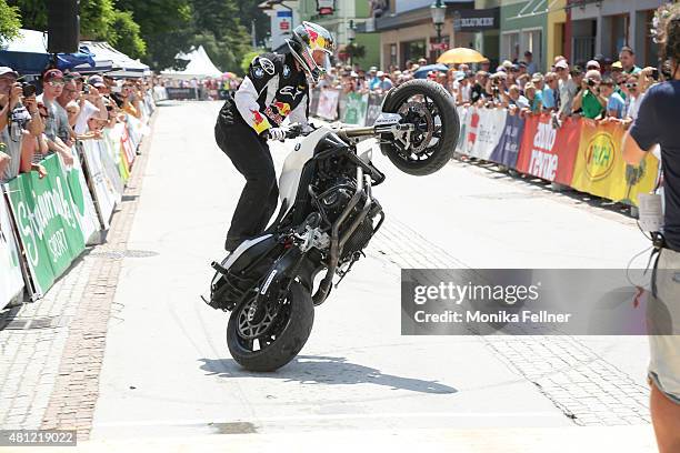 Chris Pfeiffer shows a bike performance during the Ennstal Classic 2015 on July 18, 2015 in Groebming, Austria.