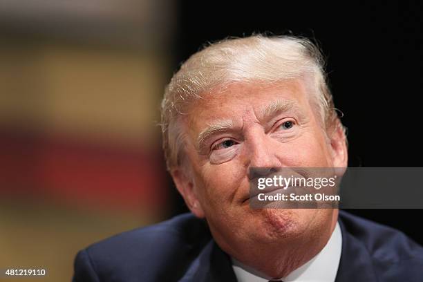 Republican presidential hopeful businessman Donald Trump fields questions at The Family Leadership Summit at Stephens Auditorium on July 18, 2015 in...