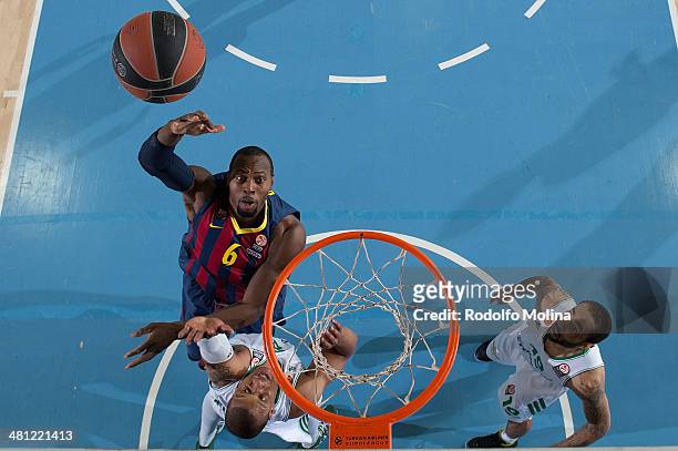 Joey Dorsey, #6 of FC Barcelona in action during the 2013-2014 Turkish Airlines Euroleague Top 16 Date 12 game between FC Barcelona Regal v...