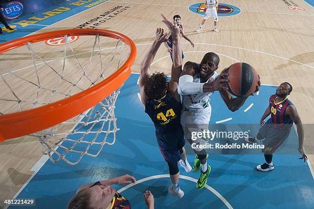 Stephane Lasme, #11 of Panathinaikos Athens in action during the 2013-2014 Turkish Airlines Euroleague Top 16 Date 12 game between FC Barcelona Regal...